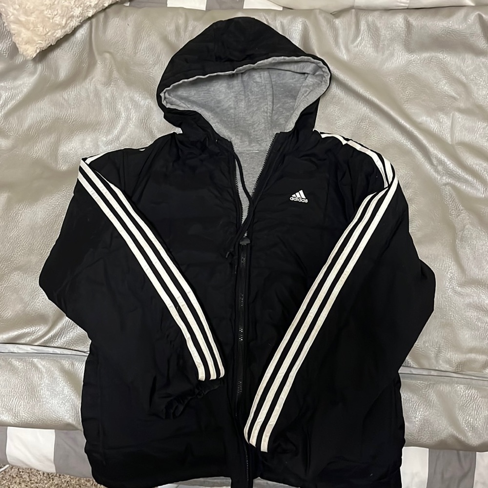 Reversible Adidas jacket. Grey one side, black and white the other